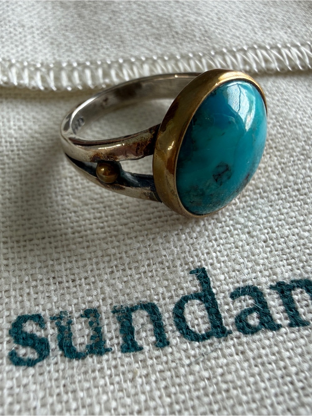Turquoise Oval Stone Sterling Silver Ring with Brass Accents -Turquoise Sundance